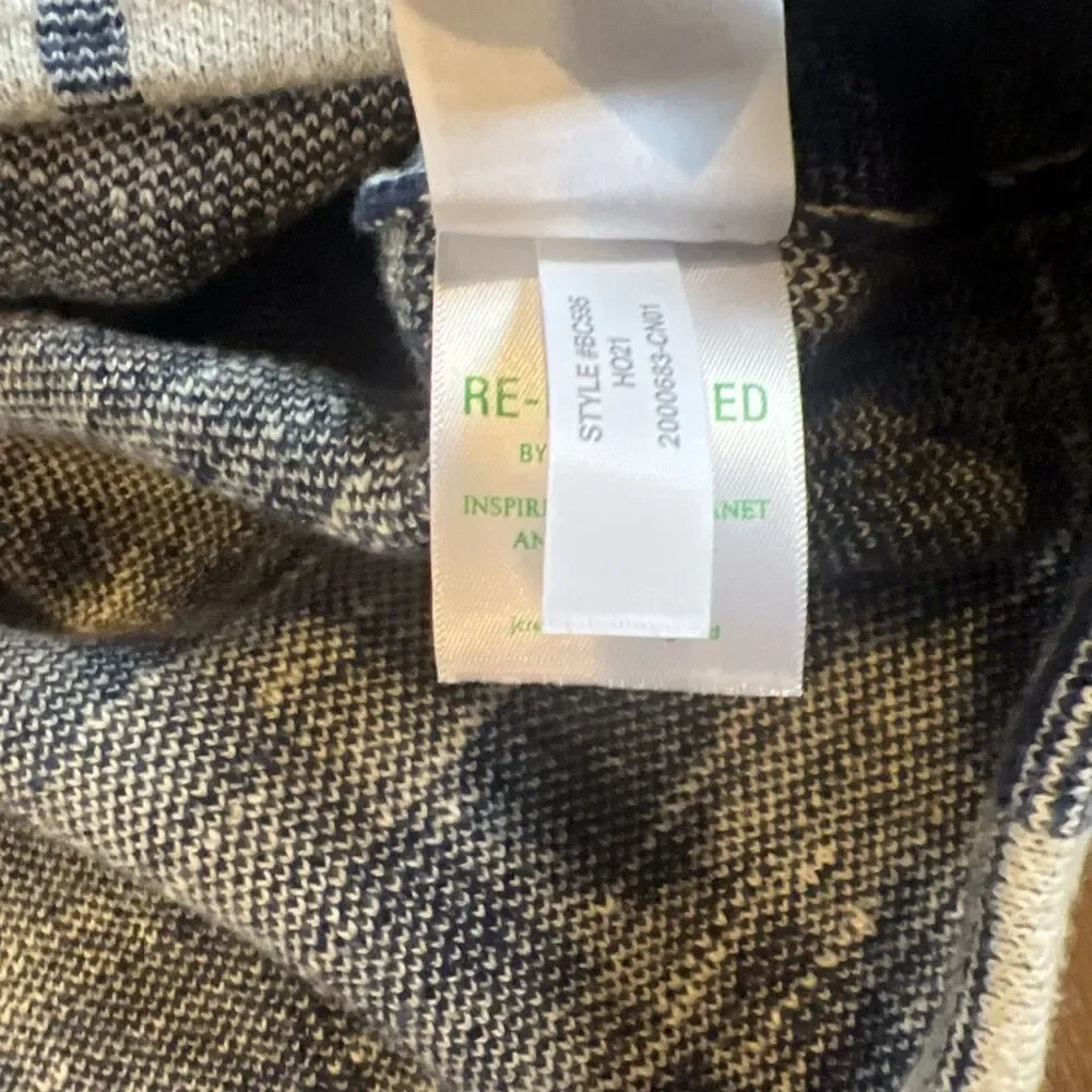 J. CREW Men's Large Cotton Knit Chore Jacket Sweater Navy Cream Plaid EUC